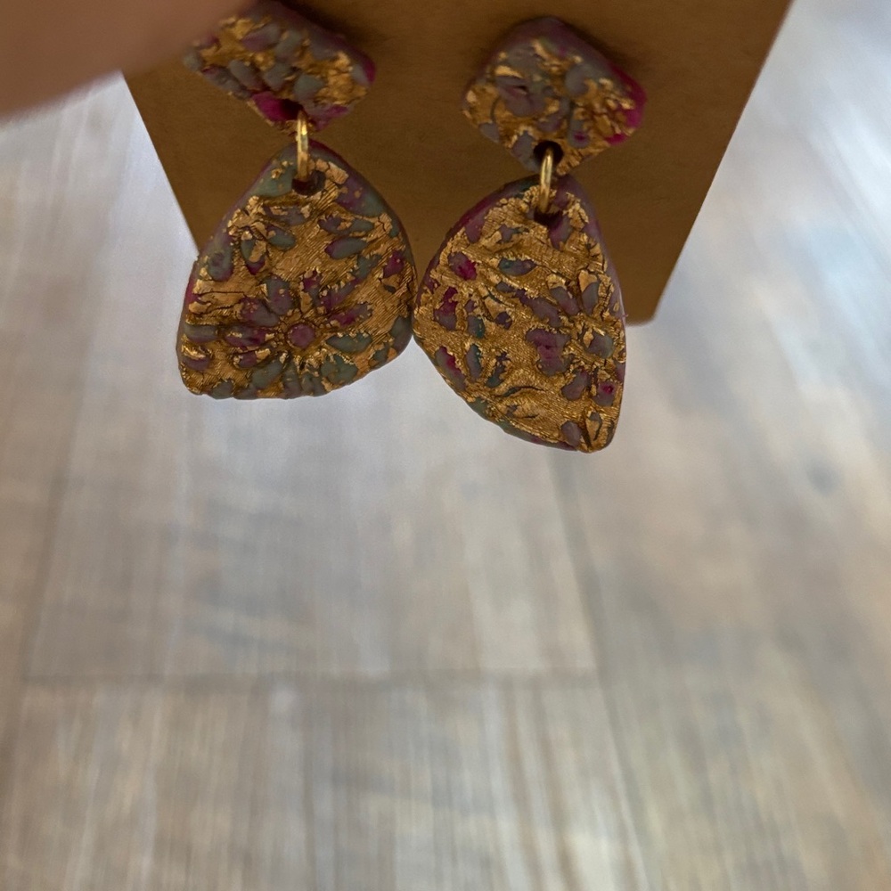 Purple and Blue Floral Drop Polymer Clay Earrings with Gold- Women’s Jewelry - Picture 4 of 5